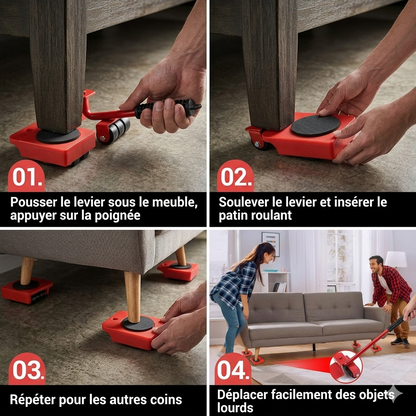Kit Déménagement Neatnooky : Levier de Levage et 4 Roulettes Ultra-Fluides pour Meubles Lourds (Set de 5)