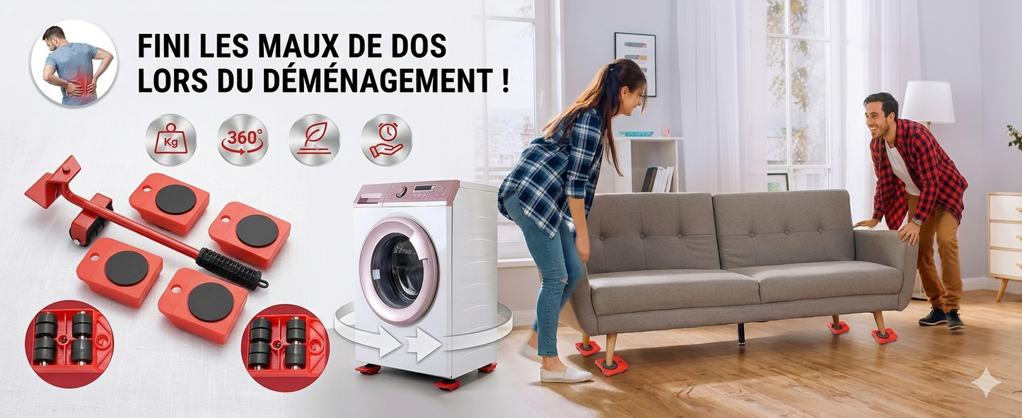 Kit Déménagement Neatnooky : Levier de Levage et 4 Roulettes Ultra-Fluides pour Meubles Lourds (Set de 5)